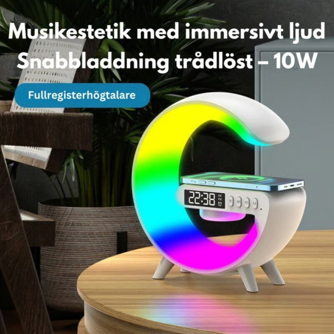 SoundGlow Laddare™| Soluppgångsvakningslampa, Bluetooth-högtalare, trådlös laddare, stämningsbelysning!